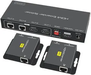 BUCIER HDMI Extender Splitter 1 in 2 Out Over Cat5e or 6 Ethernet Adapter Up to 165FT HD1080P60Hz with Loop Support EDID Copy Settings HDCP