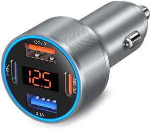 BUCIER Car Charger USB C, 65W Dual 12V Cigarette Lighter USB Car Adapter with Voltage Display Multi Port PD/QC 3.0 Super Fast Charging Car Phone Charger for iPhone 16 15 14 13 12 Pro,Tablet,Android