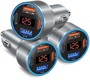 BUCIER USB C Car Charger with Voltage Display, 3 Pack 65W Super Fast Charging Car Phone Charger Dual USB-A & USBC Cargador Carro Cigarette Lighter Adapter Volt Meter for iPhone,Samsung,Tablet,Android