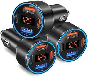BUCIER 3 Pack USB C Car Charger, 4-Port 65W Dual 12V USB-A & USBC Cigarette Lighter Adapter Plug with Voltmeter PD/QC 3.0 Fast Charging Car Phone Charger for iPhone 16e 15 14 13 12 11 Pro Max, Android