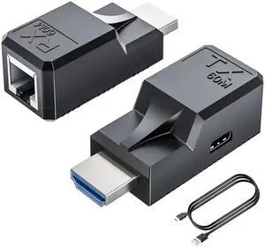 BUCIER HDMI Extender to RJ45 Over CAT6 Network LAN Ethernet Cable Adapter Signal Repeater 1080P 60M/196ft with Micro Type-C Power Cable Sender+Receiver 2Ports for PC Projector Monitor