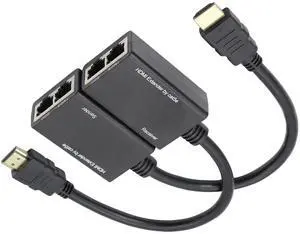 BUCIER HDMI Extender to RJ45 Over CAT 5e/6 Network LAN Ethernet Cable Adapter Signal Repeater 98ft 1080P HDMI Male to RJ45 Adapter 30M Sender+Receiver,2 Ports