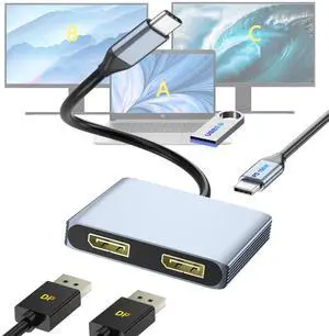 DisplayPort Splitter for Dual Monitors, 4K@60Hz USB-C to DisplayPort Adapter, Type-C Docking Station for HP/Mac, Display Port MST Hub with USB3.0/PD, Display Port Splitter for Dual Monitors