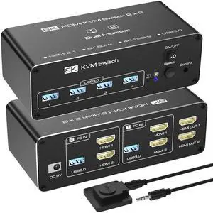 BUCIER KVM Switch 2 Monitors 2 Computers, HDMI KVM Switches 8K@60Hz, USB 3.0 Switch for 2 PC Share 2 Screens, Support Extended/Copy Mode with Desktop Controller with 2 USB Cables & Desktop Controller
