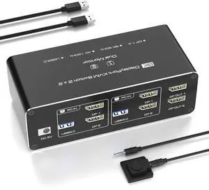BUCIER KVM Switch 2 Monitors 2 Computers DisplayPort 8K @60Hz, USB 3.0 KVM Switches for 2 Computers Share Dual Monitor and 4 USB Devices, DisplayPort KVM with Wired Controller Support Extend/Copy Mode