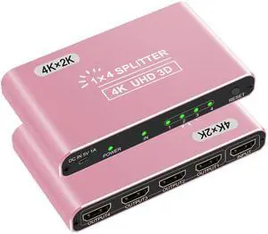 BUCIER HDMI Splitter 1 in 4 Out, 4K HDMI Splitters for Four Monitors Supports 3D Full HD 1080P Aluminum, Compatible for PS4 Fire Stick HDTV(1 Source to 4 Displays) Pink