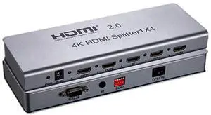 BUCIER 1x4 HDMI 2.0 Splitter, 4 Port 4K HDMI Splitter 1 in 4 Out HDMI Switcher Support 4K/60HZ 1080P 3D HDCP2.2 EDID RS232 for HDTV/Blu-Ray Player/DVD/DVR/Xbox etc