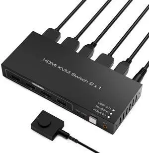 BUCIER 8K HDMI KVM Switch, HDMI 2 in 1 Out KVM Switch Box Keyboard Mouse Printer Switcher Include 2 USB Type-B Cable Support 8K@60Hz, EDID/HDCP 2.2 3D for Laptop PS4 HDTV Monitor, Black