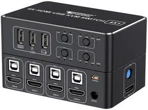 BUCIER HDMI KVM Switch, 4K HDMI 4 in 1 Out KVM Switch Box Keyboard Mouse Printer Switcher Include 4 USB Type-B Cable Support 4K@60Hz, EDID/HDCP 2.2 3D for Laptop PS4 HDTV Monitor