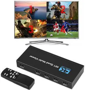 BUCIER HDMI Multiviewer Switch 4x1, HDMI Quad Multi-Viewer with Seamless Switch, Split Screen,5 Display Modes,with IR Remote/Software/Push Button Selector for TV Security Camera, Gaming Consoles