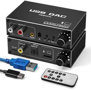 BUCIER USB Audio Converter,192KHz DAC Digital to Analog Converter with Volume Control,Bass Adjustment,Remote Control,USB Optical SPDIF Coaxial to Analog Stereo RCA L/R and 3.5mm Jack Audio Adapter