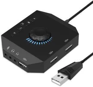 BUCIER USB Hub with Audio Adapter, External Sound Card with 3.5mm Headphone Microphone Jack and Volume Control 3 Port USB Hub for Laptop PC HDD Disk