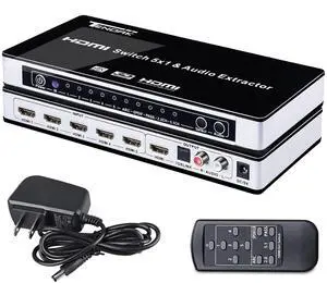 BUCIER HDMI Switch with Audio Extractor, 4K 5 Ports HDMI Switcher Box with Optical Toslink SPDIF + L/R 3.5mm Stereo Audio Adapter with Remote Control Support ARC for PS4/ Roku/HDTV