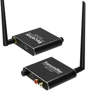 BUCIER 2.4Ghz Wireless Audio Transmitter Receiver, 160 ft Long Range Low Latency Wireless Audio Adapter with Volume Control for Subwoofer/Powered Speaker/Soundbar, RCA or 3.5mm Jack Input/Output