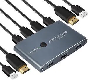 BUCIER KVM Switch HDMI 2 Port, Aluminum KVM Switch HDMI, USB Switch for 2 Computers Sharing Mouse Keyboard Printer to 1 HD Monitor, Support 4K@60Hz with 2 HDMI Cables and 2 USB Cables Included