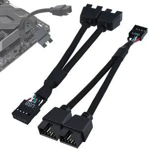 BUCIER 2Pcs Motherboard 9 Pin USB 2.0 to Dual 9 Pin Extension Splitter, USB 2.0 Header Splitter Nylon Braided Cable for PC Computer Internal Motherboard USB Hub, Black