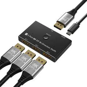 BUCIER DisplayPort 8K DP 1.4 Switch 3In 1Out 1In 3Out Bi-Direction 8K@30Hz 4K@144Hz Splitter Converter for Multiple Source and displays