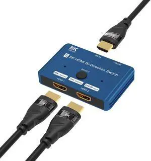 BUCIER HDMI 2.1 Switch 8K Bi-Directional Splitter 8K@60Hz 4K@120Hz 1440p@165Hz 1080P@240Hz 1in 2out 2in 1out High Speed 48Gbps eARC Converter Compatible with Xbox X PS5 Blue