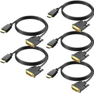 BUCIER HDMI to DVI Cable 5-Pack, 6 Ft Bidirectional DVI-D to HDMI Male to Male High Speed Adapter Cable Support 1080P Full HD (5, Black)