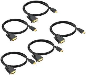 BUCIER HDMI to DVI Cable 3ft 5-Pack, Bidirectional DVI-D to HDMI 19 Pin Cord Adapter Cord 1080P Video High Speed Compatible for Computer, PC, Raspberry Pi, Roku, Xbox One, PS4 PS3, Graphics Card