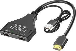 BUCIER 4K HDMI Splitter 1 in 2 Out Cable, USB Powered HDMI Splitter for Dual Monitors Only Duplicate/Mirror Male to 2 Female Double HDMI Adapter Support 3D 1080P