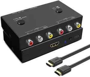 BUCIER 2 AV to HDMI, 1080P/720P TV 2 Way RCA Composite CVBS AV Switch to HDMI Video Audio Converter Adapter Support 4:3/16:9 Switching, for Sega Xbox PS2 PS3 N64 NGC SNES WII VHS VCR Camera DVD