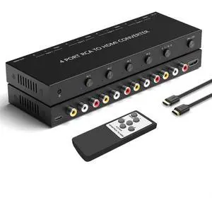 BUCIER 4 AV to HDMI, 1080P/720P 4 Way RCA Composite CVBS AV Switch to HDMI Converter Adapter Support 4:3/16:9 Switching, for Sega Xbox PS1 PS2 PS3 N64 NGC SNES WII VHS VCR Camera DVD with Remote