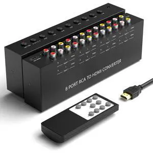 BUCIER 8 AV to HDMI Converter, 1080P/720P 8 Way RCA Composite CVBS AV Switch to HDMI Converter Adapter Support 4:3/16:9 Switch for Sega Xbox PS1 PS2 PS3 N64 NGC SNES WII VHS VCR Camera DVD