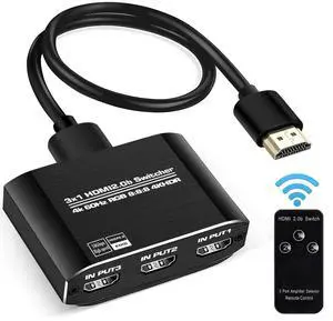 BUCIER HDMI 2.0b Switch 3 in 1 Out with High Speed 3.9 FT HDMI Cable, 3x1 HDMI Selector Switch with Remote,Support UHD 4K@60Hz Ultra HD 3D 1080P, HDCP 2.2 HDR,18.5Gbps HDMI Switcher