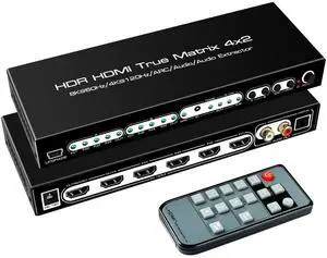 BUCIER 8K 4X2 HDMI Matrix 4 in 2 Out HDMI 2.1 Matrix HDMI Video Switcher Splitter +Optical & L/R Audio Output,Support 4K 120Hz,HDR10 HDCP2.3 Dol-by Vision Atmos SPDIF 5.1CH ARC CEC with IR Remote