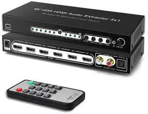 BUCIER 8K 60HZ HDMI Switch 4 In 1 Out with 7.1CH Audio Extractor and ARC, HDMI 2.1 Switch Audio Converter Support Optical, L/R Audio, 4x1 HDMI Switch with Remote Support CEC, UHD, HDCP2.2, 3D, 40Gbps