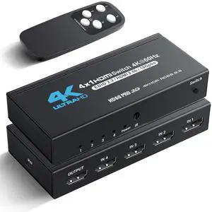 BUCIER  [Upgrade] 4K@60Hz HDMI Switch 4 in 1 Out with Type-C charging cable, HDMI Switcher with IR Remote, 4 Port HDMI Selector Box Support HDMI 2.0, Compatible with TV PS5/4 Xbox Laptops PC Projector