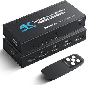 BUCIER HDMI Switch 5 in 1 Out 4K@60Hz, 5x1 HDMI Splitter Switcher with IR Remote, 5 Port HDMI Selector Box Support HDMI2.0, Dolby Vision/Atmos, HDR10 for Switch, Xbox, PS5/4, Roku, Fire Stick