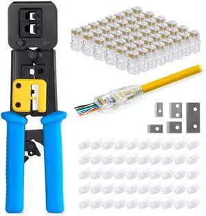 KEHIPI RJ45 Crimp Tool Kit, With 50 Cat5e Pass Through Connectors and 50 Strain Relief Boots + Extra blades - EZ Cut, Strip, Crimp Ethernet Cables - Professional Network Crimping tool