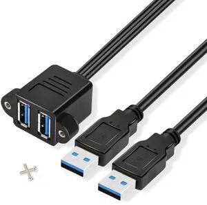 BUCIER Dual USB 3.0 Cable with Panel Mount Screw Hole, 2 Ports USB 3.0 Male to Female Extension Cable, Suitable for Family, Classroom, Office, Conference, Entertainment and More Occasions (0.3m)