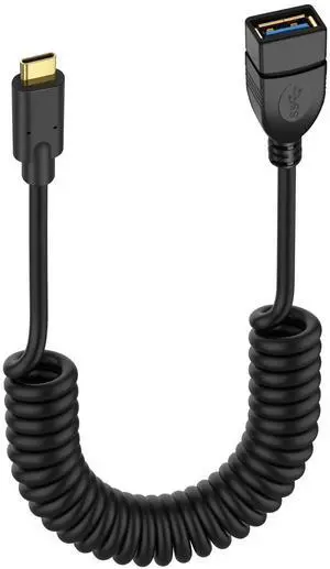 BUCIER USB Type C Coiled Cable 5Gbps Retractable 90 Degree USB3.0 Female to USB C Male Charging Cable and Data Transfer for Phone, Tablet, Other USB C Devices (F/L)