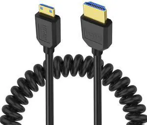 BUCIER 8K Mini HDMI to HDMI 2.1 Coiled Cable Mini HDMI Male to HDMI Male Spring Bidirection Adapter Cord Support 8K@60Hz 4K@120Hz 48Gbps for Camera/Camcorder/Latop/Tablet -1.2M/3.9FT