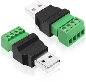 BUCIER USB Screw Terminal Block Adapter Connecotr USB 2.0 A Male Plug 4 Pin Bolt Solderless Replacement Balum Converter for Charging and Data Transfer-2Pcs