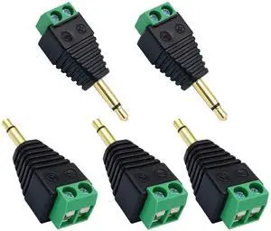 BUCIER 3.5mm Screw Terminal Gold Plated 3.5mm (1/8") TS Mono Male to 2 Pin Female Screw Terminal AUX Headphone Balun Solderless Converter Adapter(5-Pack/Male)