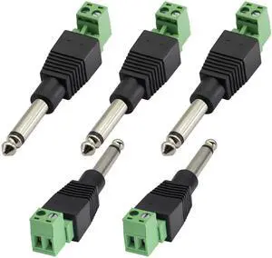BUCIER 6.35mm Screw Terminal Block Connector 6.35mm (1/4") TS Mono Male to 2 Pin/Way Female Bolt Screw Terminals Pluggable AUX Audio Microphone/Speaker Wire Solderless Converter(5-Pack)