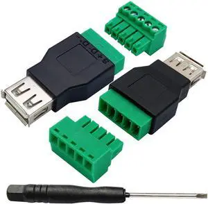 BUCIER USB 2.0 A Screw Terminal Block Adapter USB 2.0 A Female to 5 Pin/Way Female Bolt Screw Shield terminals Pluggable Type Adapter Connector for Charging and Data Transfer (2 Pack/Female)