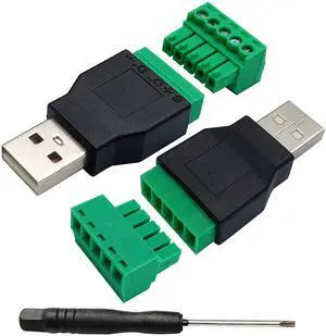 BUCIER USB 2.0 A Screw Terminal Block Adapter USB 2.0 A Male to 5 Pin/Way Female Bolt Screw Shield terminals Pluggable Type Adapter Connector for Charging and Data Transfer (2Pack/Male)