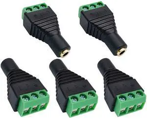 BUCIER 3 Pole 3.5mm Screw Terminal 3.5mm (1/8) Stereo Audio Female to 3 Pin Female Screw Terminal Double Track Headphone Balun Solderless Converter Adapter(5 Pack/Female)