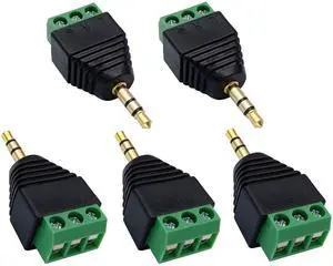 BUCIER 3 Pole 3.5mm Screw Terminal 3.5mm (1/8) Stereo Audio Male to 3 Pin Female Screw Terminal Double Track Headphone Balun Solderless Converter Adapter(5 Pack/Male)