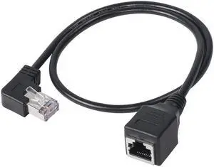 BUCIER 90 Degree RJ45 Ethernet Extension Cable,Turn Left Cat5 LAN Cable Extender RJ45 Network Patch Cord Male to Female Connector for Router Modem Smart TV PC Computer Laptop (Left Angle Black-50CM)