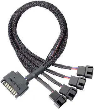 BUCIER SATA Cooler Fan Adapter Cable, 15 Pin to 4 x 3/4 Pin Fan Splitter, 1.1Ft (Black - 1 to 4)