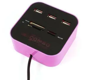 BUCIER 3 Port Powered USB 2.0 Hub Expander + Multi Memory Card Reader Pink