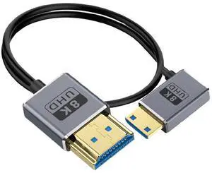 BUCIER 1ft Mini HDMI to HDMI 8K@60Hz Cable, 48Gbps Right Angle Male Mini HDMI to Straight Male HDMI Coaxial Cable, OD 2.5mm Ultra Thin HDMI 2.1 Version UHD Cord