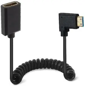 BUCIER 4ft Mini HDMI to HDMI Extension 8K@60Hz Coiled Cable, Left Angle Mini HDMI 2.1 Male to HDMI 2.1 Female Extender Adapter Shield Spiral Spring Cord, 48Gbps High Speed, Ultra HD, Dynamic HDR