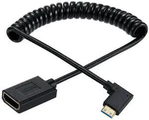 BUCIER Mini HDMI to HDMI Coiled Cable, 90 Degree Angle High Speed Mini HDMI Male to HDMI 2.1 Female Spiral Adapter Cord 8K 60hz 4K 120Hz for Camcorder, HD TV, PC and More (mini HDMI Left Angle) 4FT